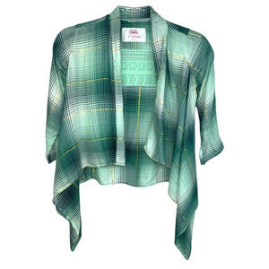 Justice Kids Girls Top‎ Size 7 Open Front Green Plaid Embroidered Metallic NWOT